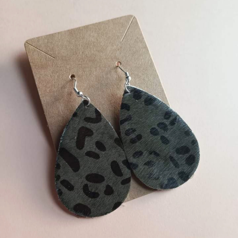 Gray Leopard Print Cowhide Dangle Earrings
